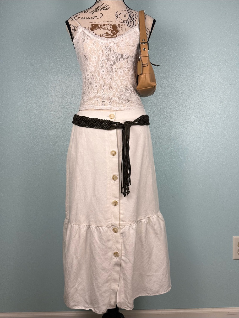 Loft Linen Blend Button Front Flowy Cream Maxi Skirt Women’s Size Small
